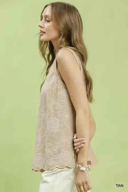 Floral Embroidered Sleeveless Linen Top