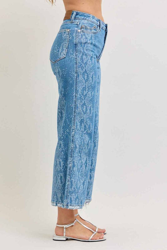 Judy Blue Printed High Rise Wide Leg Jeans – Ankle Length Casual Denim