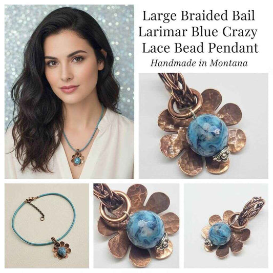 Large Braided Bail Larimar Blue Crazy Lace Bead Pendant with Various Order Options