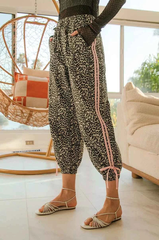 Leopard Print Pants With Side Line Details Drawstrings w/ Pockets by BiBi