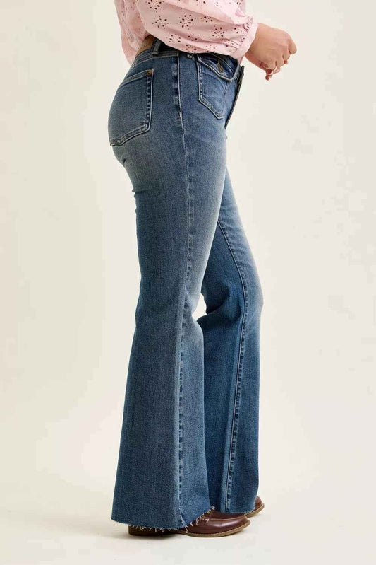 Medium Dark Mid Rise Flare Jeans with Front Flap Pockets by Judy Blue