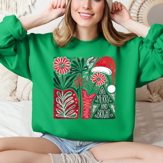 Merry and Bright, Retro Pattern, Christmas, Santa Hat, Christmas Tree Sweatshirt