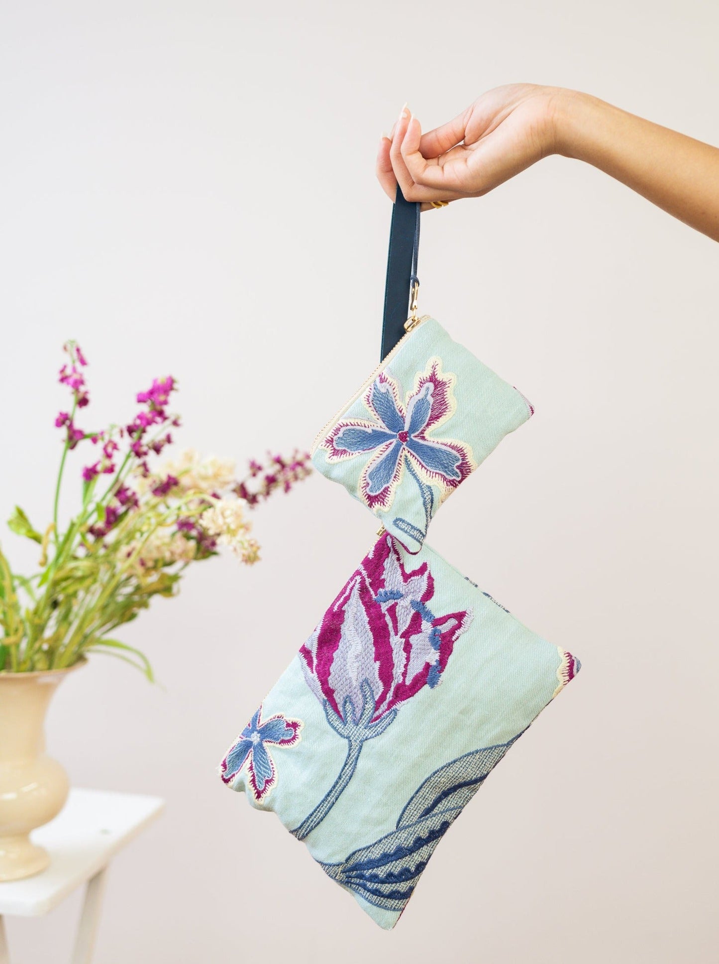 Enchanting Azure Embroidered Wristlet
