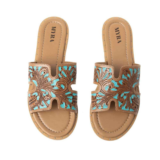 Myra Carmina Blue Embossed Leather Slip-On Sandals for Women – Western H-Cut Slides with Studded Trim