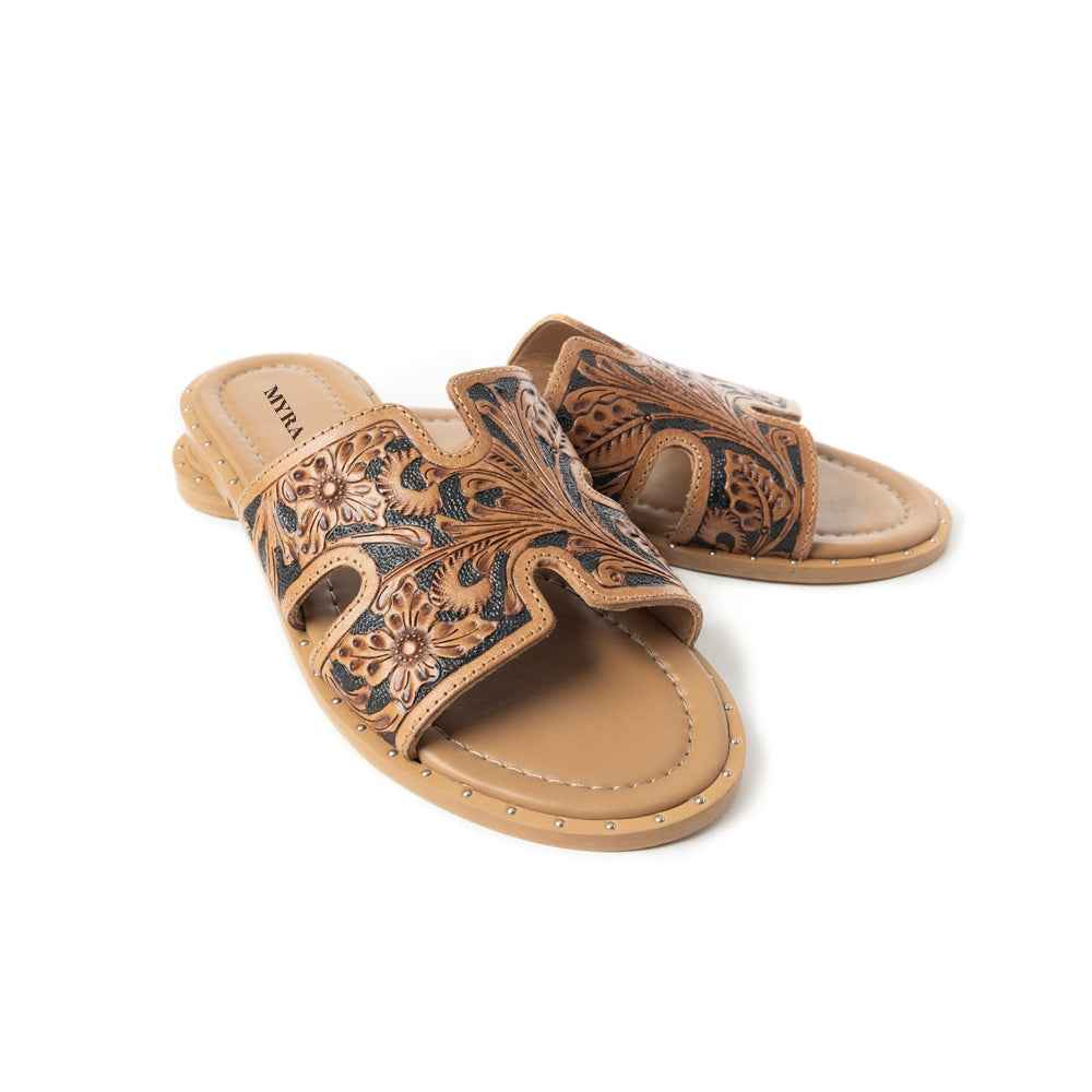 Myra Carmina Anne Dark Embossed Leather Slip-On Sandals for Women – Western H-Cut Slides with Studded Trim