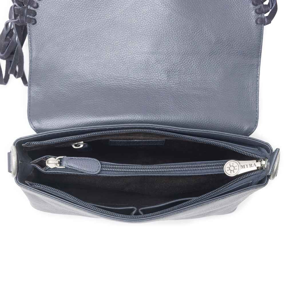 Wild West Fringe Leather Crossbody Bag in Ash Denim