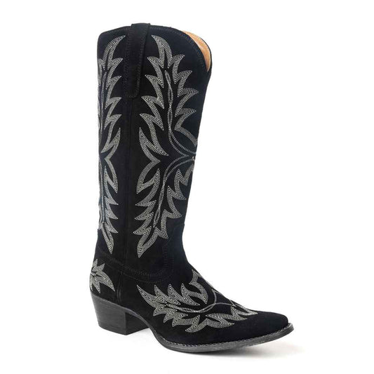 Midnight Trail Embroidered Leather Boots in Shadow Black