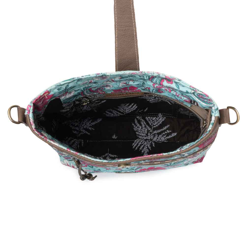 Myra Aspendale upcycled canvas Bag for Women Blue with leather details