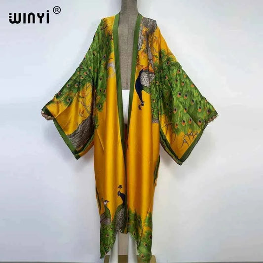 Radiant Peacock Print Silk Kaftan