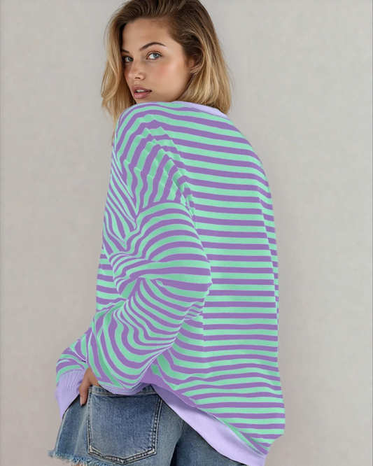 Baya Striped Contrast Trim Drop Shoulder Sweatshirt - Blue