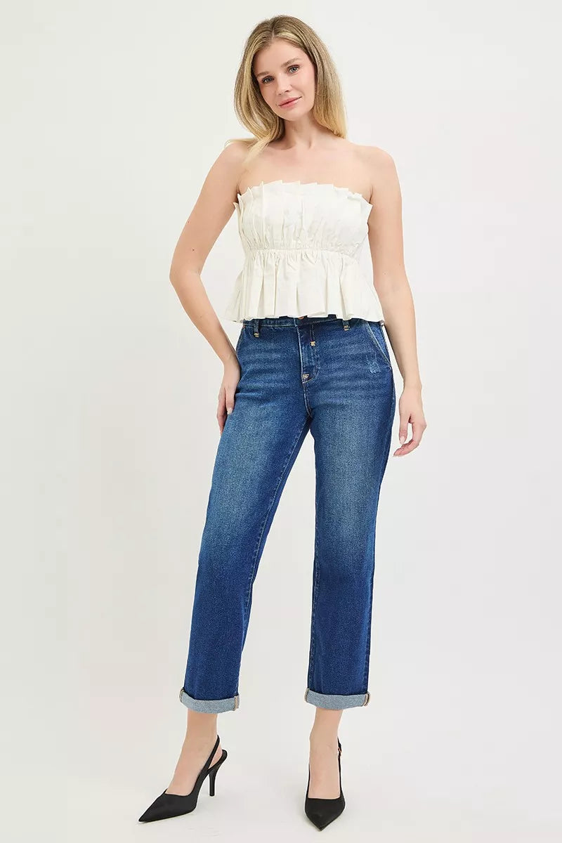 Slouchy Cropped Boyfriend Jeans with Cuffed Hem by Risen