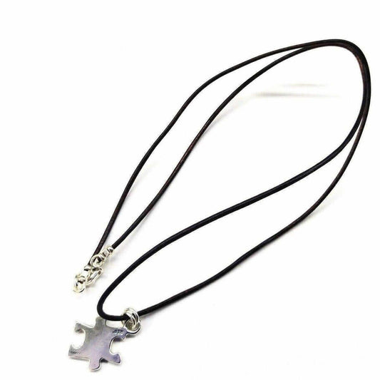 925 Silver Autism Awareness Puzzle Piece Leather Necklace