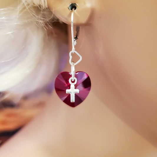 Sterling Silver Red Heart Crystal Earrings