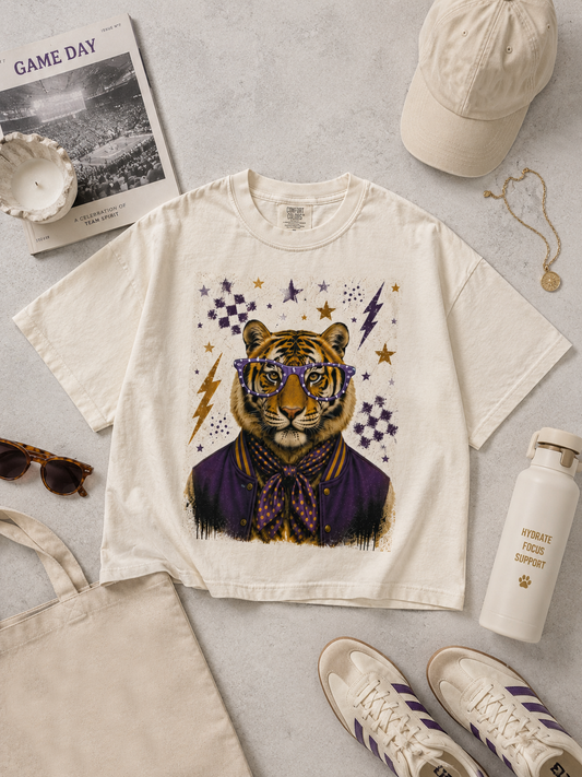 Varsity Specs Rhinestone Tiger Spirit Comfort Color Boxy Graphic T-Shirt