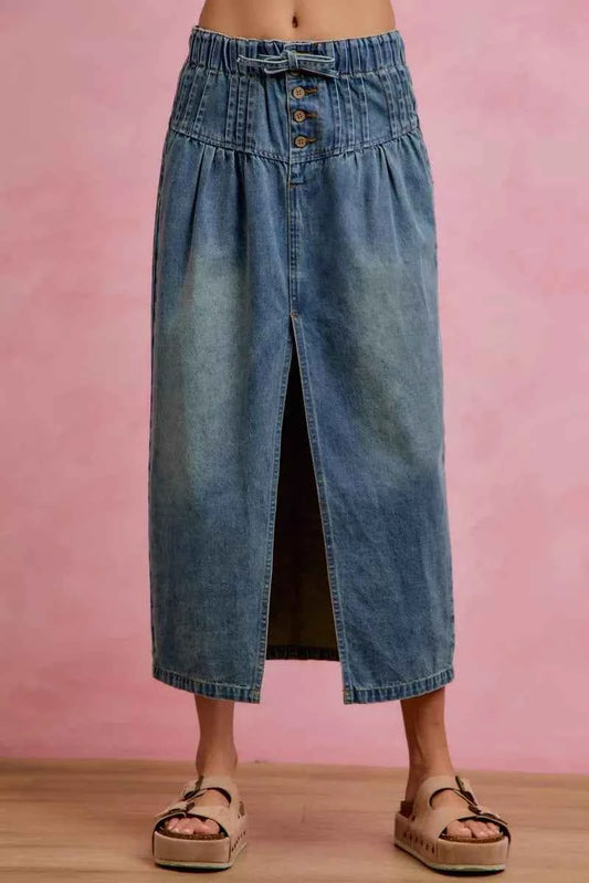 Denim Pleated High Waist Button Front Maxi Skirt With Front Slit by SO ME
