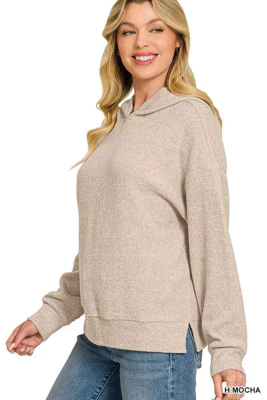 Heather Mocha Brushed Ribbed Hacci Hoodie Pullover by Zenana