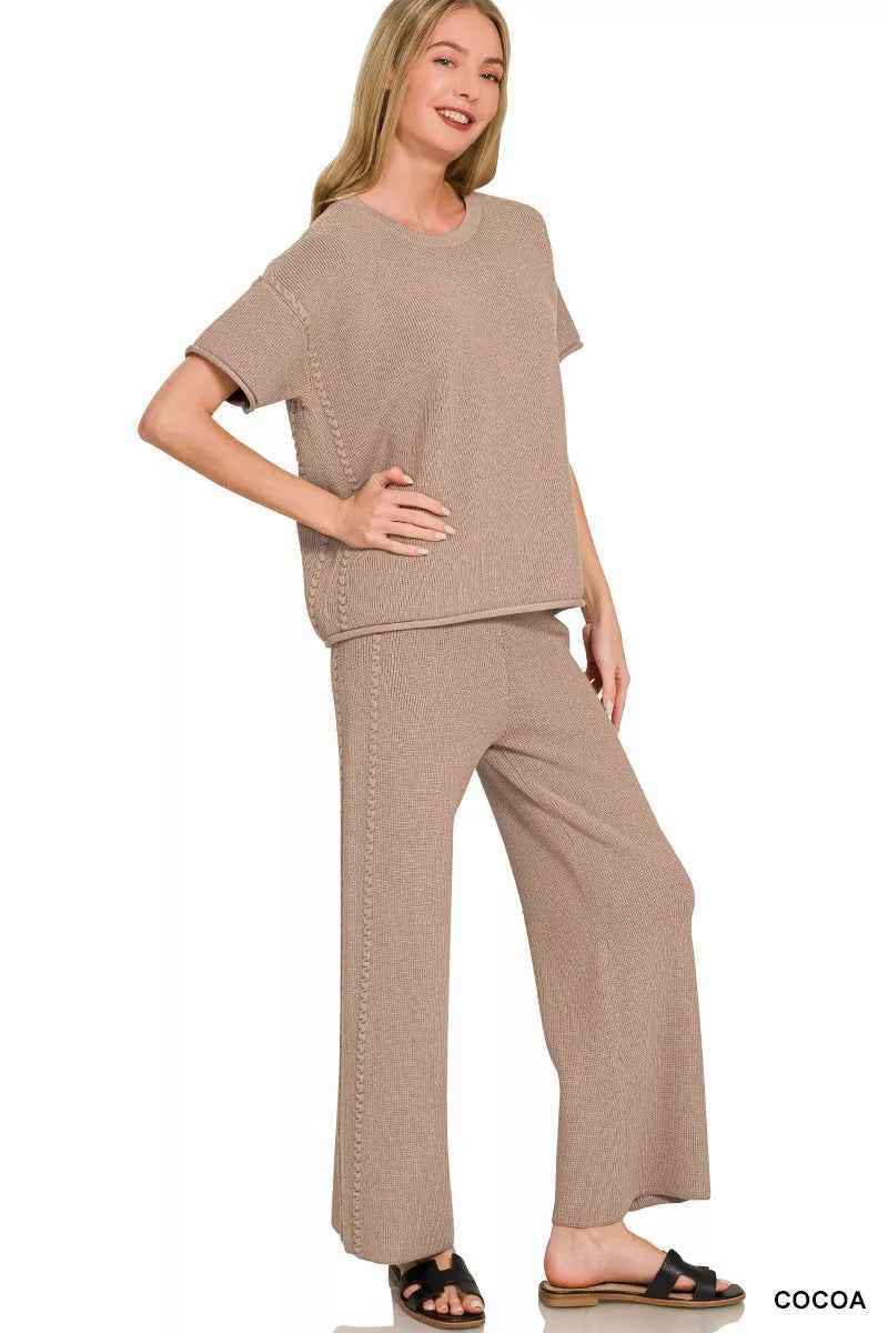 Cocoa Ribbed Knit Two-Piece Lounge Set with Pockets by Zenana