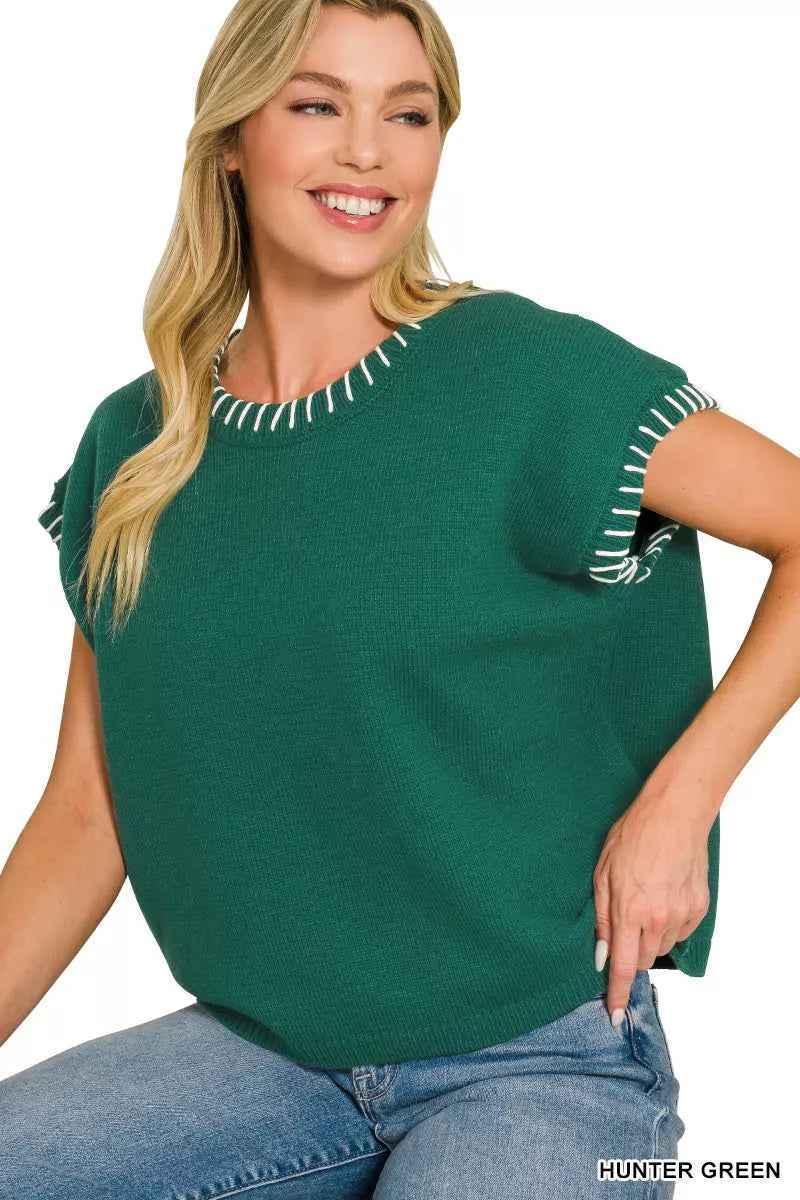 Hunter Green Contrast Stitch Oversized Knit Sweater Top by Zenana