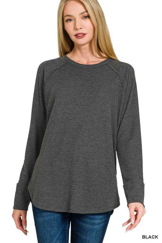 Black Baby Waffle Long Sleeve Top by Zenana