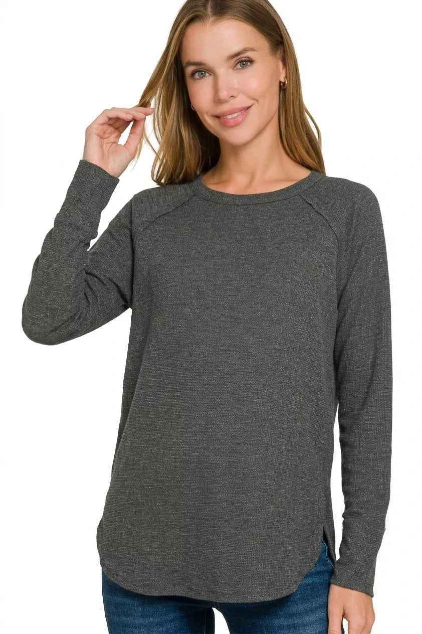 Black Baby Waffle Long Sleeve Top by Zenana