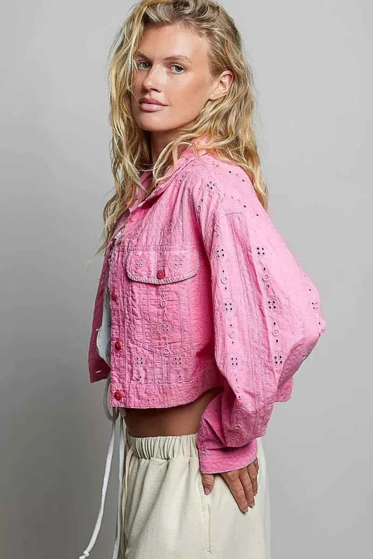 Candy Pink Eyelet Textured Cotton Cropped Button-Front Jacket by POL