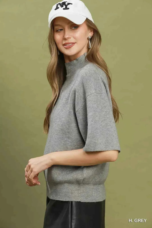 Heather Grey Mock Neck Short Sleeve Knit Sweater Top by Umgee
