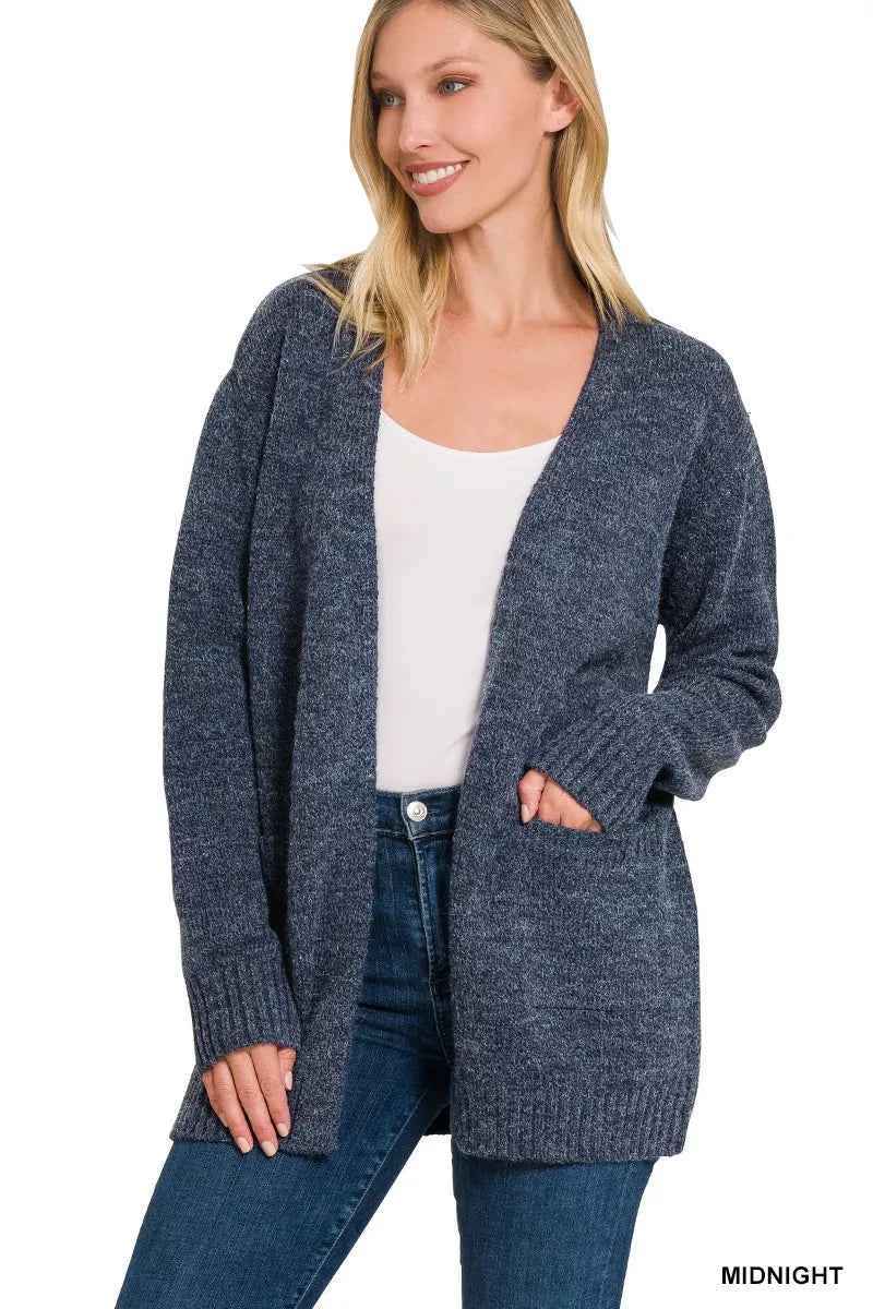Midnight Blue Open Front Sweater Cardigan by Zenana