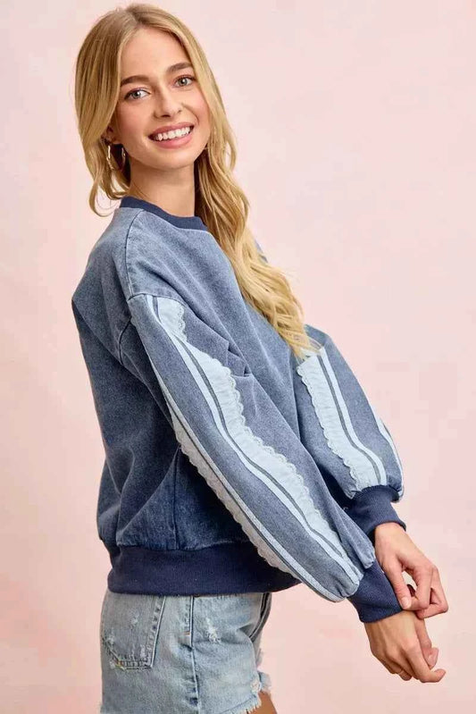 Washed Denim Lace Contrast Sided Sweatshirt by BiBi