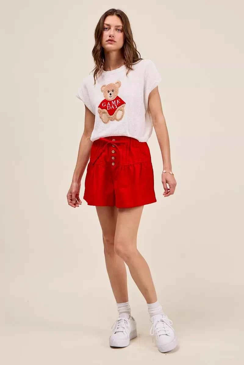 Red High Waist Pintucked Button Front Shorts with Adjustable Waist Tie by SO ME
