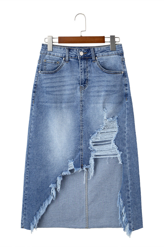 Myosotis Distressed Hem Denim Midi Skirt Irregular Look