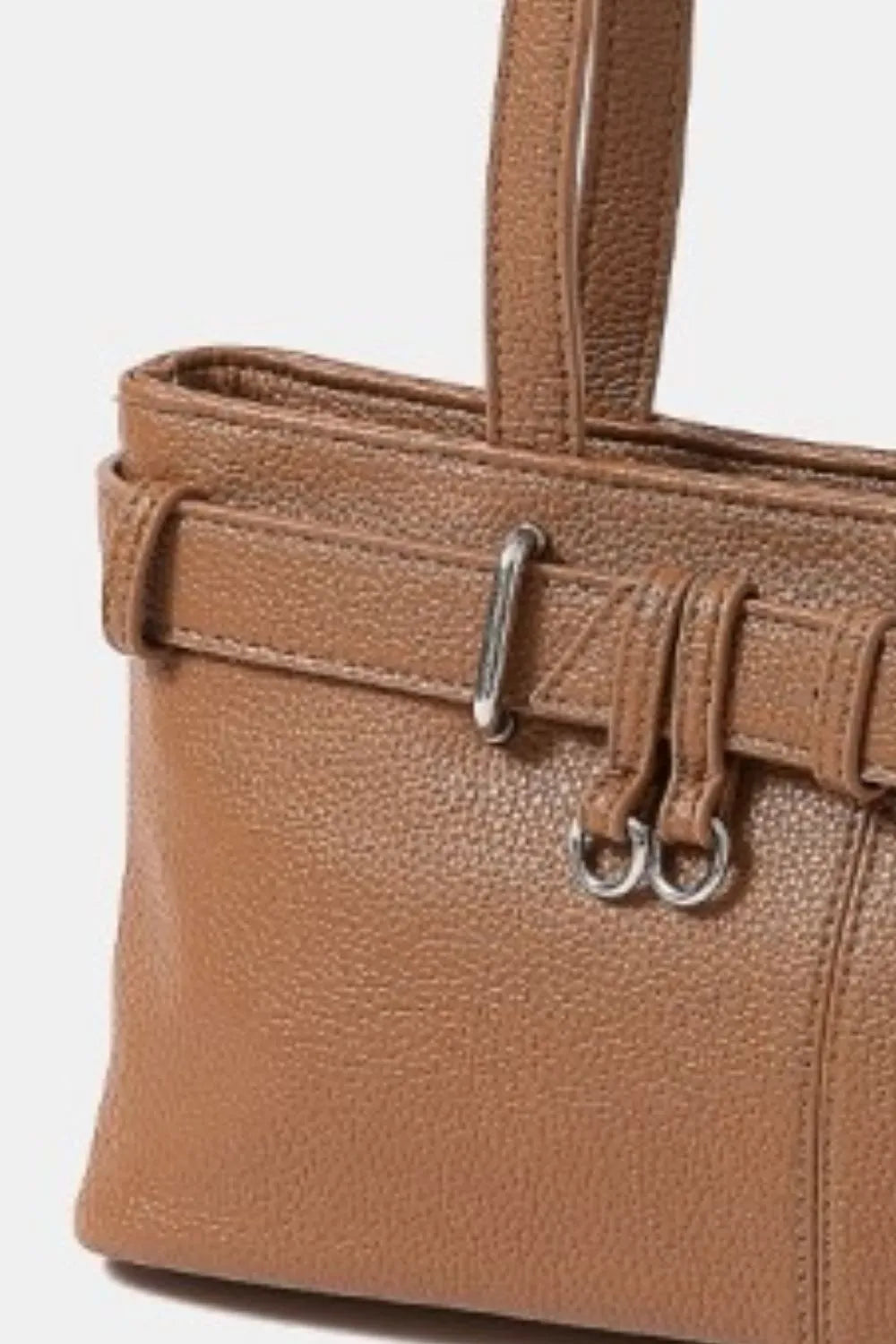 Fame Belt Strap Textured Faux Leather Cognac Shoulder Bag