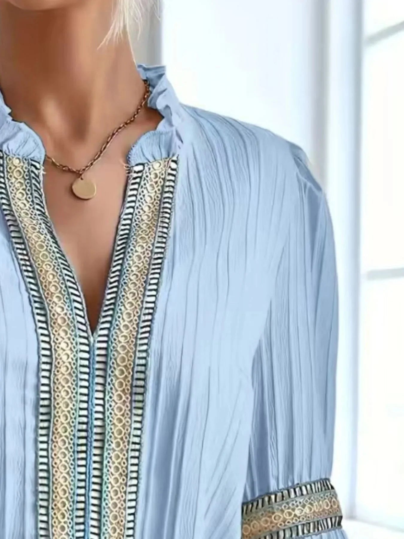 Textured Notched Balloon Sleeve Elegant Blouse
