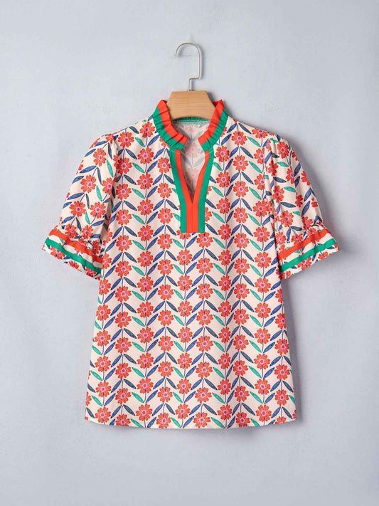 Floral Print Striped Detail V Neck Ruffled Short Sleeve Blouse