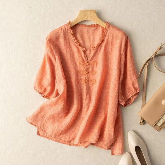 Relaxed Fit Linen Cotton Artistic Embroidered T-Shirt