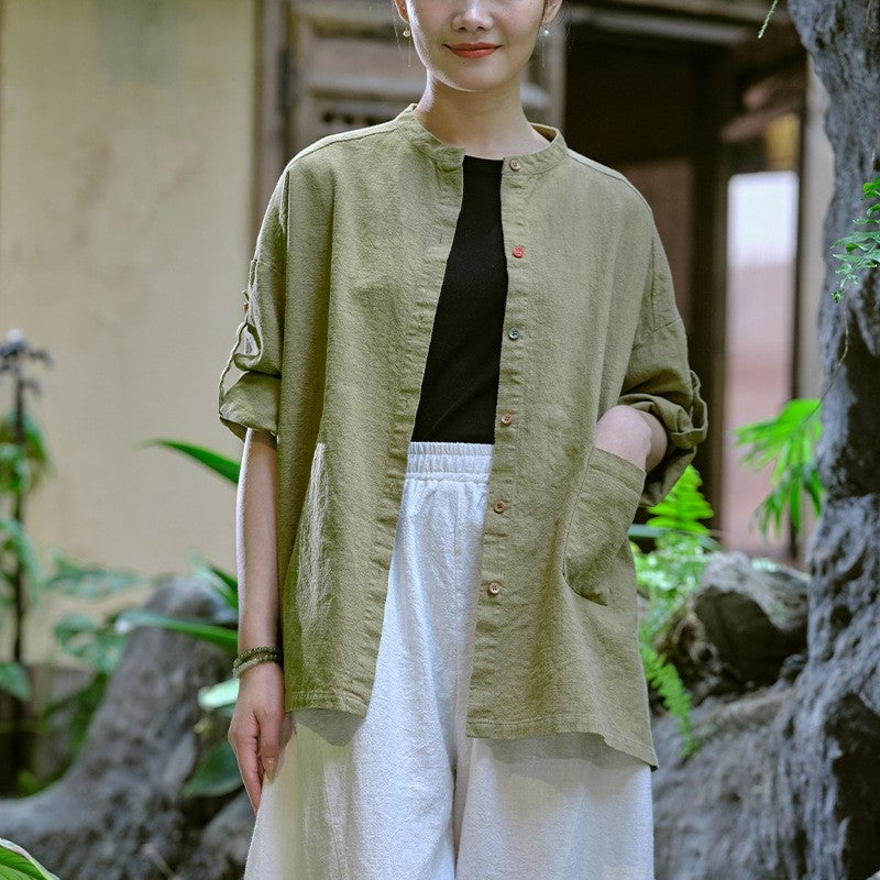 Relaxed Linen Cotton Solid Color Cardigan