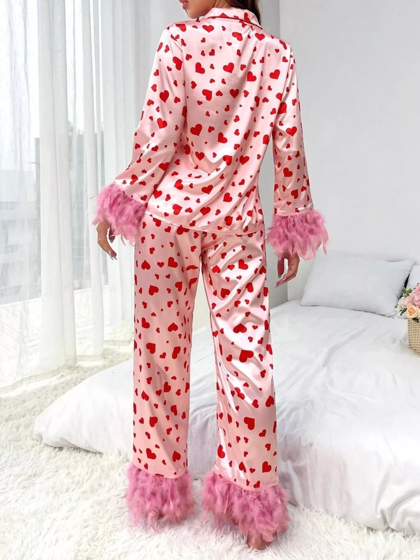 Button Up Top and Pants Heart Print Lounge Set