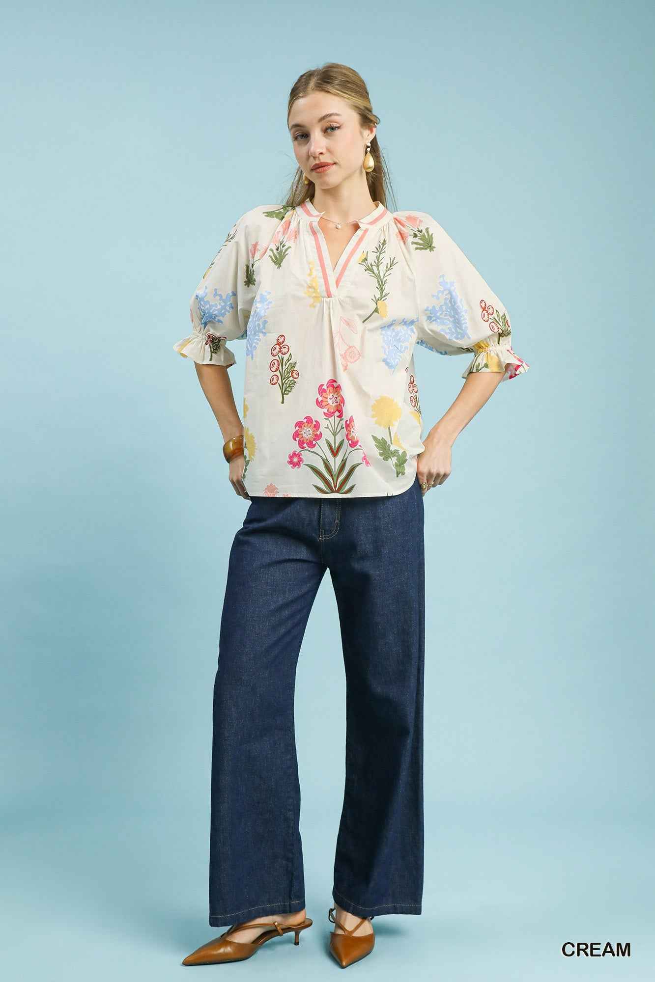 Umgee Floral Split Neck Puff Sleeve Top