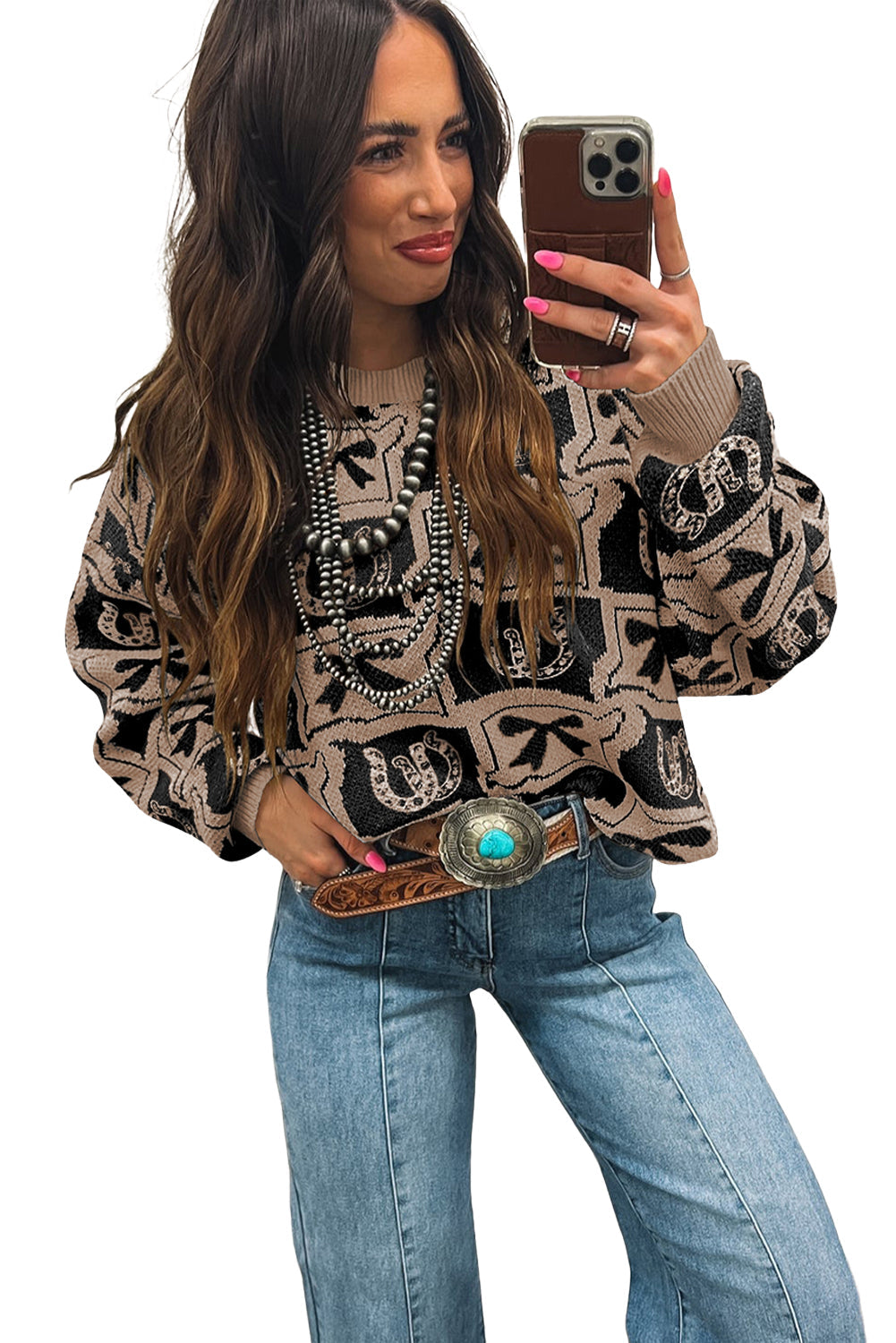 Black Colorblock Bow Pattern Drop Sleeve Relaxed Sweater