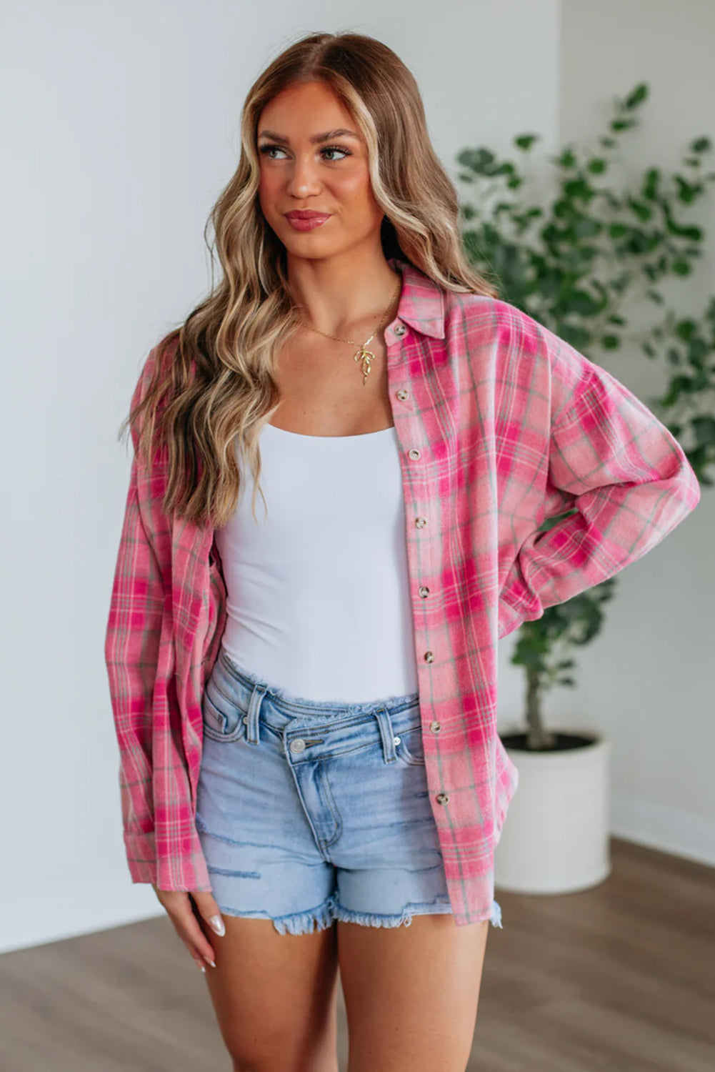 Sachet Pink Plaid Rounded Hem Long Sleeve Shirt Casual