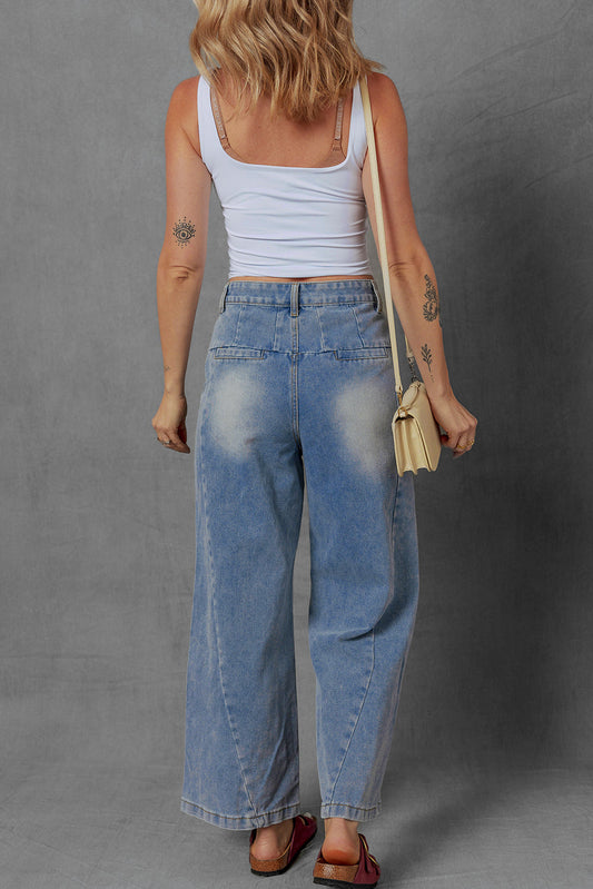 Scottie Blue Washed Pleated Detail Wide Leg Jeans