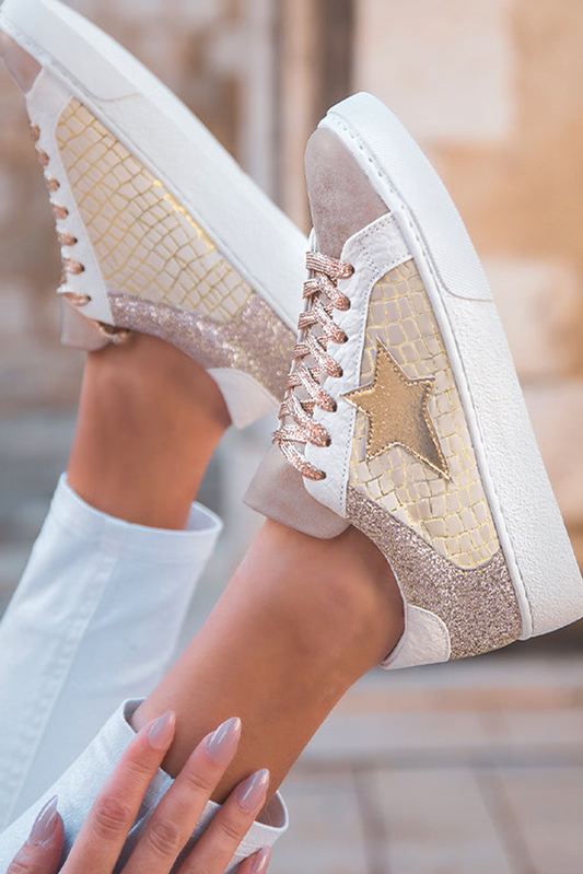 Gold Glitter Star Patchwork PU Leather Lace Up Sneakers