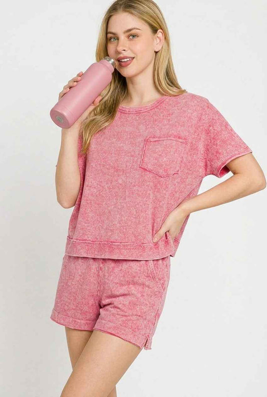 Zenana Halo Snow Washed Boxy Top & Shorts Set