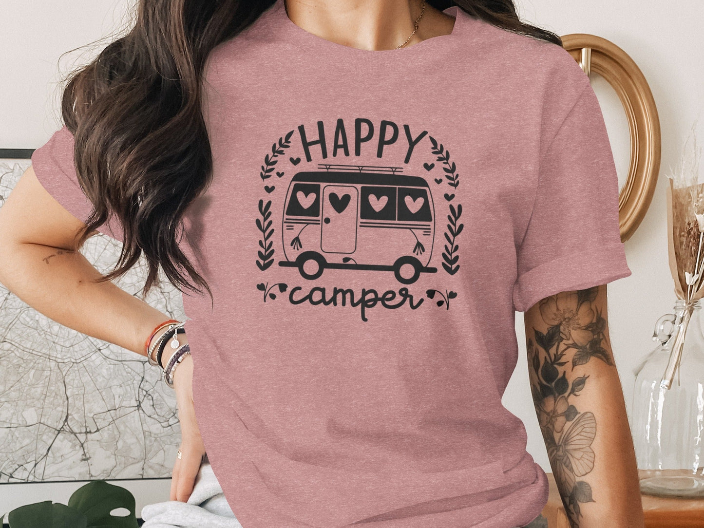 Happy Camper Campervan Love Hearts Outdoor Trip Design T-Shirt
