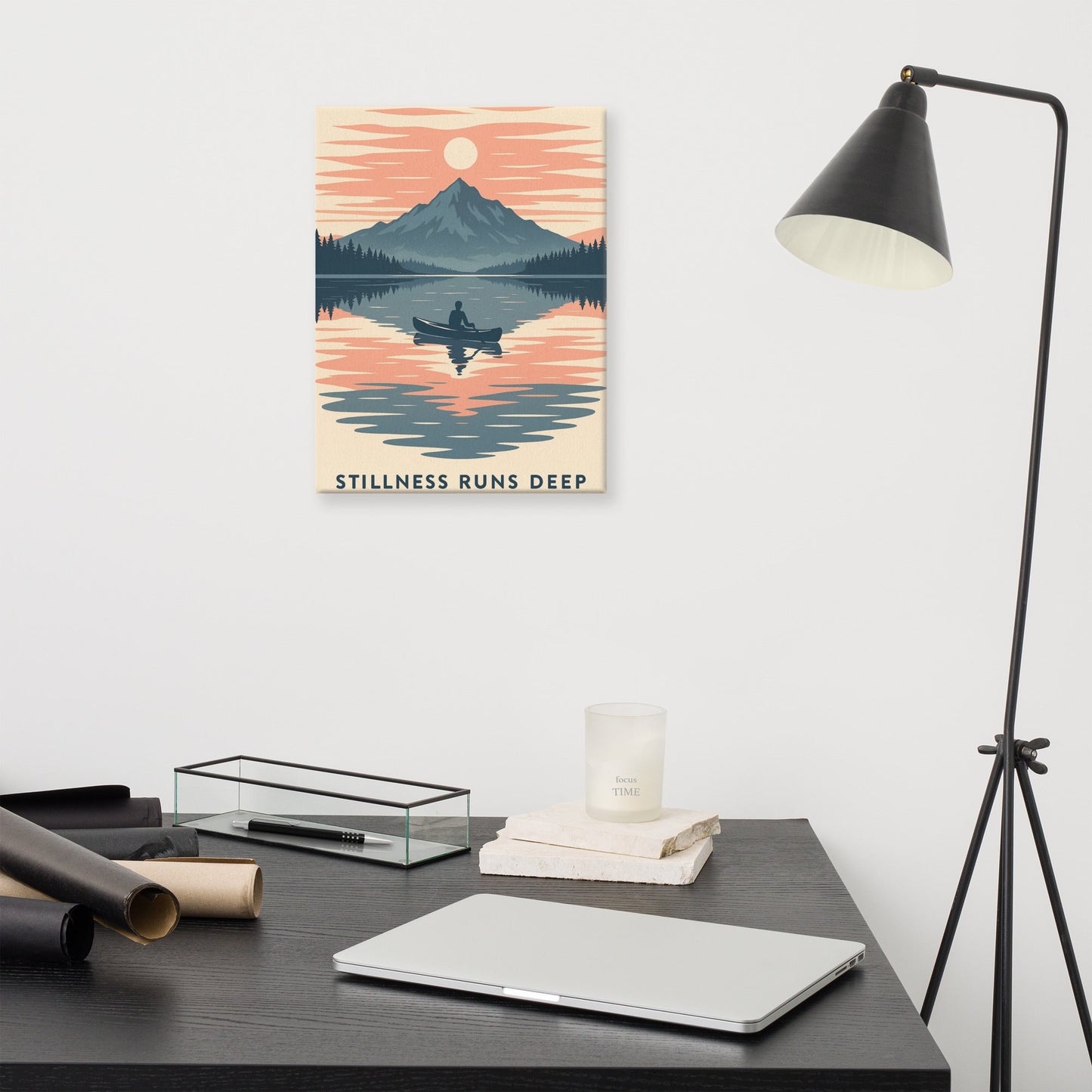 Stillness Runs Deep Art Print | Canoe on Reflective Lake with Mountain Sunset – Peaceful Wilderness Wall Art