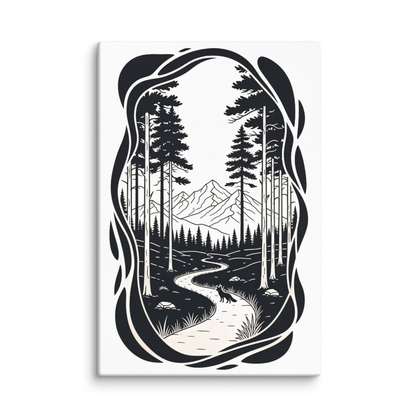 The Trail Ahead Art Print | Monochrome Forest Trail with Pine Trees and Mountain View – Minimalist Black & White Vertical Canvas Wall Art