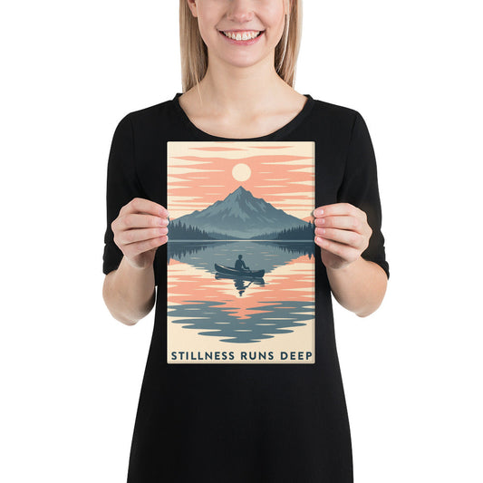 Stillness Runs Deep Art Print | Canoe on Reflective Lake with Mountain Sunset – Peaceful Wilderness Wall Art