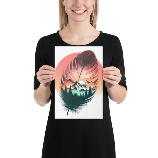 Feathered Wild Art Print | Mountain Landscape Inside Feather Silhouette – Surreal Nature-Inspired Wall Art with Sunset Sky