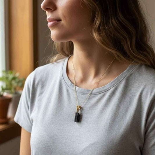 Wire Wrapped Raw Black Tourmaline Gemstone Necklace - 20 Inch