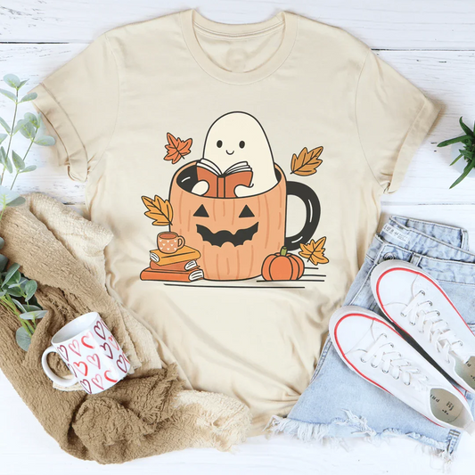 Cute Bookish Ghost In A Pumpkin Cup Tee