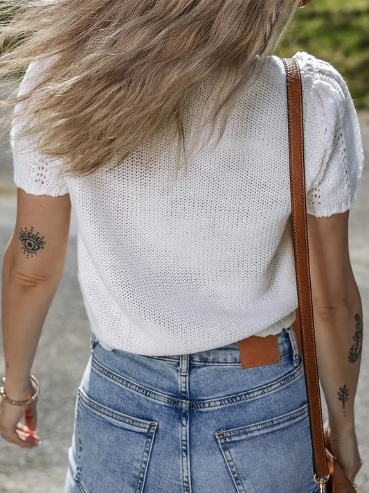 Openwork Round Neck Short Sleeve Sweater